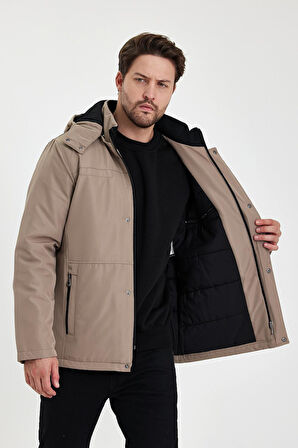 Krem İçi Kalın Kürklü Çıkartılabilir Kapüşonlu Fermuar Çepli Rüzgar Ve Su Geçirmez Mont&Kaban