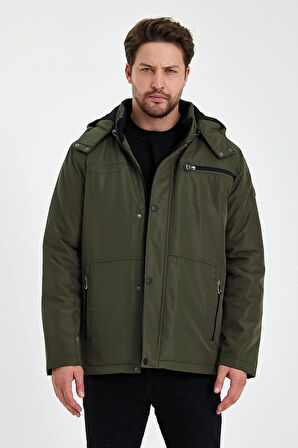 Yeşil İçi Kalın Kürklü Çıkartılabilir Kapüşonlu Fermuar Çepli Rüzgar Ve Su Geçirmez Mont&Kaban