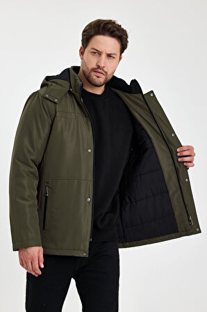 Yeşil İçi Kalın Kürklü Çıkartılabilir Kapüşonlu Fermuar Çepli Rüzgar Ve Su Geçirmez Mont&Kaban