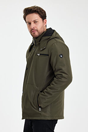 Yeşil İçi Kalın Kürklü Çıkartılabilir Kapüşonlu Fermuar Çepli Rüzgar Ve Su Geçirmez Mont&Kaban