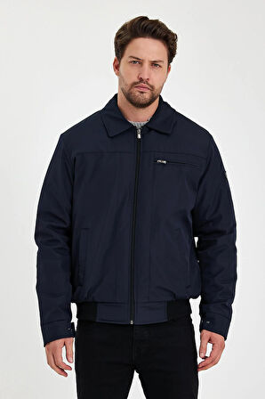 Lacivert İçi Kalın Kürklü Klasik Yakalı Rüzgar Ve Su Geçirmez Mont&Kaban