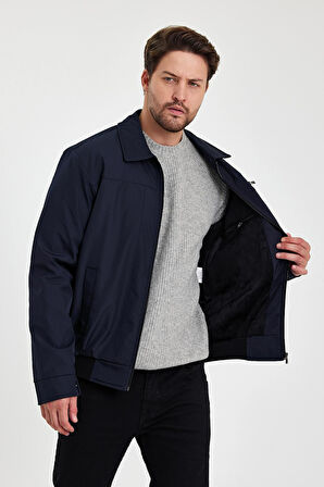 Lacivert İçi Kalın Kürklü Klasik Yakalı Rüzgar Ve Su Geçirmez Mont&Kaban