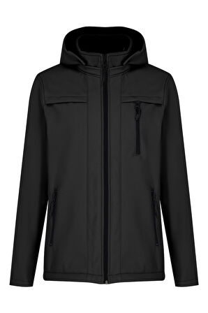 Siyah Erkek %100 Su Geçirmez İçi Polarlı İç Çepli Çıkartılabilir Kapüşonlu Softshell Mont&Kaban 