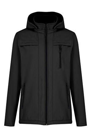Siyah Erkek %100 Su Geçirmez İçi Polarlı İç Çepli Çıkartılabilir Kapüşonlu Softshell Mont&Kaban 