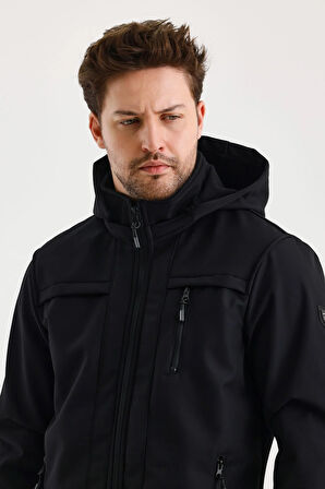 Siyah Erkek %100 Su Geçirmez İçi Polarlı İç Çepli Çıkartılabilir Kapüşonlu Softshell Mont&Kaban 
