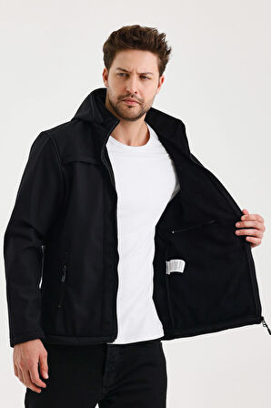 Siyah Erkek %100 Su Geçirmez İçi Polarlı İç Çepli Çıkartılabilir Kapüşonlu Softshell Mont&Kaban 
