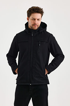 Siyah Erkek %100 Su Geçirmez İçi Polarlı İç Çepli Çıkartılabilir Kapüşonlu Softshell Mont&Kaban 