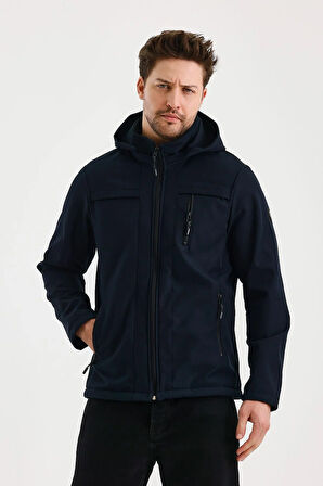 Lacivert Erkek %100 Su Geçirmez İçi Polarlı İç Çepli Çıkartılabilir Kapüşonlu Softshell Mont&Kaban 