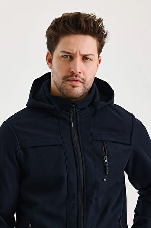 Lacivert Erkek %100 Su Geçirmez İçi Polarlı İç Çepli Çıkartılabilir Kapüşonlu Softshell Mont&Kaban 
