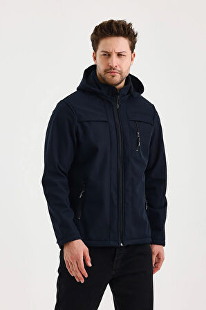 Lacivert Erkek %100 Su Geçirmez İçi Polarlı İç Çepli Çıkartılabilir Kapüşonlu Softshell Mont&Kaban 