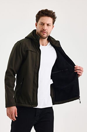 Yeşil Erkek %100 Su Geçirmez İçi Polarlı İç Çepli Çıkartılabilir Kapüşonlu Softshell Mont&Kaban 