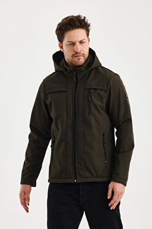 Yeşil Erkek %100 Su Geçirmez İçi Polarlı İç Çepli Çıkartılabilir Kapüşonlu Softshell Mont&Kaban 