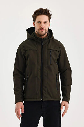 Yeşil Erkek %100 Su Geçirmez İçi Polarlı İç Çepli Çıkartılabilir Kapüşonlu Softshell Mont&Kaban 