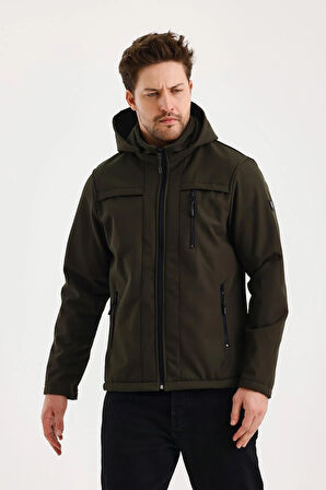 Yeşil Erkek %100 Su Geçirmez İçi Polarlı İç Çepli Çıkartılabilir Kapüşonlu Softshell Mont&Kaban 
