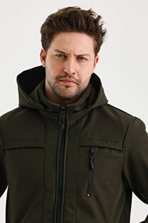 Yeşil Erkek %100 Su Geçirmez İçi Polarlı İç Çepli Çıkartılabilir Kapüşonlu Softshell Mont&Kaban 