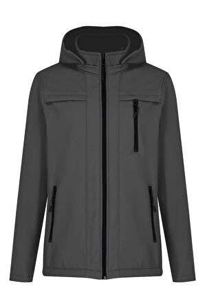 Gri Erkek %100 Su Geçirmez İçi Polarlı İç Çepli Çıkartılabilir Kapüşonlu Softshell Mont&Kaban 