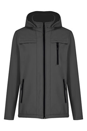 Gri Erkek %100 Su Geçirmez İçi Polarlı İç Çepli Çıkartılabilir Kapüşonlu Softshell Mont&Kaban 