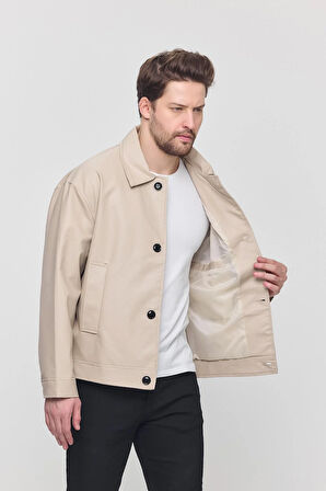 Krem Erkek Basic Suni Deri Yazlık Ceket&Mont