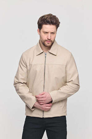 Krem Erkek Basic Suni Deri Yazlık Ceket&Mont