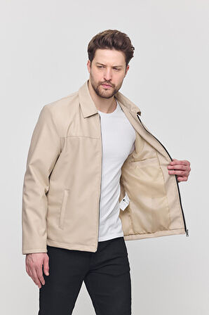 Krem Erkek Basic Suni Deri Yazlık Ceket&Mont