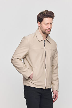 Krem Erkek Basic Suni Deri Yazlık Ceket&Mont