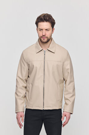 Krem Erkek Basic Suni Deri Yazlık Ceket&Mont