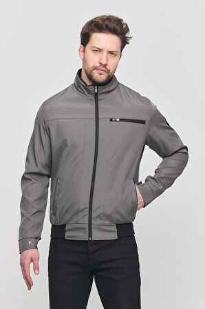 Erkek Gri Mevsimlik Triko Detaylı Fermuarlı İç Cepli Mont&Ceket