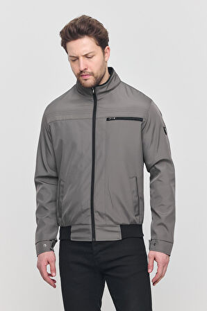 Erkek Gri Mevsimlik Triko Detaylı Fermuarlı İç Cepli Mont&Ceket