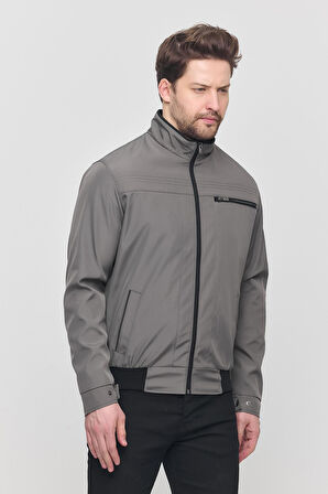 Erkek Gri Mevsimlik Triko Detaylı Fermuarlı İç Cepli Mont&Ceket