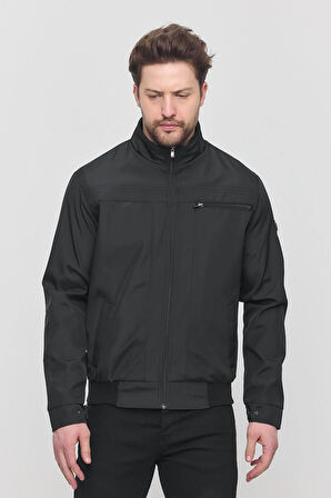 Erkek Siyah Mevsimlik Triko Detaylı Fermuarlı İç Cepli Mont&Ceket