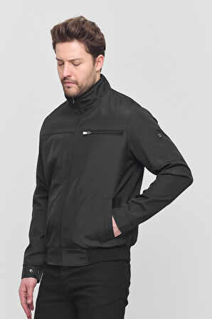 Erkek Siyah Mevsimlik Triko Detaylı Fermuarlı İç Cepli Mont&Ceket