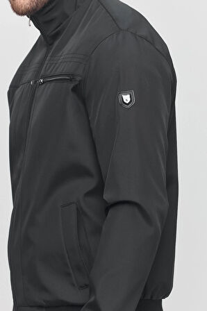 Erkek Siyah Mevsimlik Triko Detaylı Fermuarlı İç Cepli Mont&Ceket