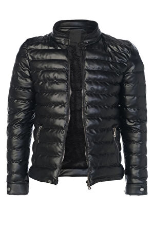 Sivaist Erkek Siyah Slim Fit İçi Kalın Kürklü Su İtici Şişme Deri Ceket & Mont