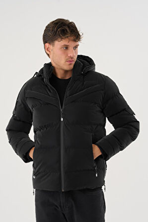 Erkek Siyah Su Ve Rüzgar Geçirmez Kürklü Çıkartılabilir Kapüşonlu  Mont&Kaban