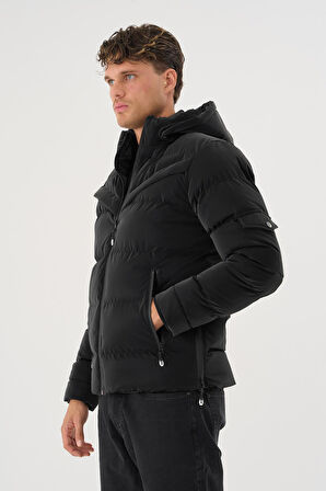 Erkek Siyah Su Ve Rüzgar Geçirmez Kürklü Çıkartılabilir Kapüşonlu  Mont&Kaban