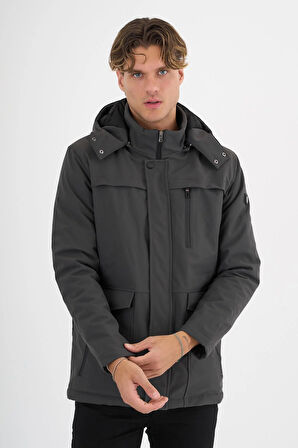 Erkek Gri %100 Su Ve Rüzgar Geçirmez Kürklü Çıkartılabilir Kapüşonlu Mont&Kaban