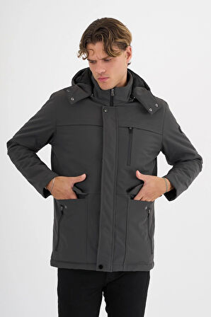 Erkek Gri %100 Su Ve Rüzgar Geçirmez Kürklü Çıkartılabilir Kapüşonlu Mont&Kaban