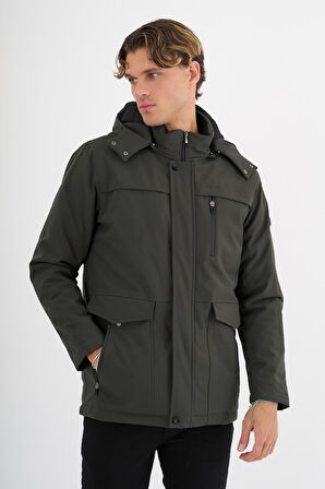 Erkek Yeşil %100 Su Ve Rüzgar Geçirmez Kürklü Çıkartılabilir Kapüşonlu Mont&Kaban