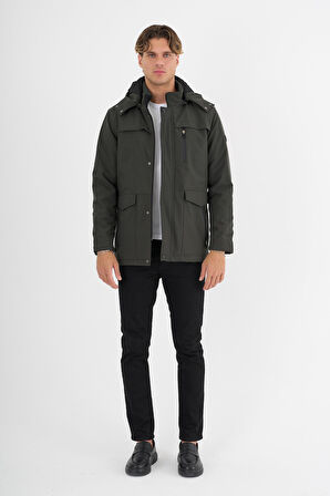 Erkek Yeşil %100 Su Ve Rüzgar Geçirmez Kürklü Çıkartılabilir Kapüşonlu Mont&Kaban