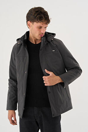 Erkek Gri %100 Su Ve Rüzgar Geçirmez Kürklü Çıkartılabilir Kapüşonlu Mont&Kaban