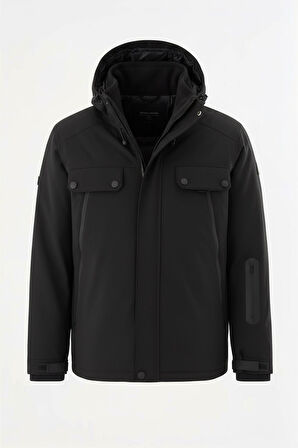 Erkek Siyah Outdoor Su İtici Kapüşonlu Kaban – Rüzgar Geçirmez, Hafif ve Dayanıklı