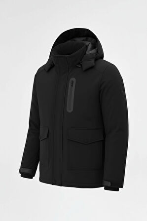 Erkek Siyah Outdoor Su Geçirmez Kapüşonlu Kışlık Kaban – Rüzgar ve Yağmura Dayanıklı
