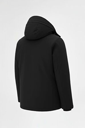 Erkek Siyah Outdoor Su Geçirmez Kapüşonlu Kışlık Kaban – Rüzgar ve Yağmura Dayanıklı