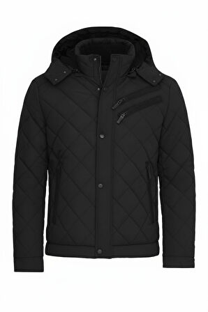 Erkek Siyah Outdoor Su İtici Kapüşonlu Kaban – Rüzgar Geçirmez, Hafif ve Dayanıklı Kapitone Mont&Kaban