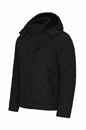 Erkek Siyah Outdoor Su İtici Kapüşonlu Kaban – Rüzgar Geçirmez, Hafif ve Dayanıklı Kapitone Mont&Kaban