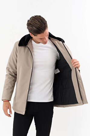 Erkek Krem Yakası Çıkartılabilir Kürklü Su İtici İçi Kürklü Kaban – Rüzgar Geçirmez, Hafif ve Dayanıklı