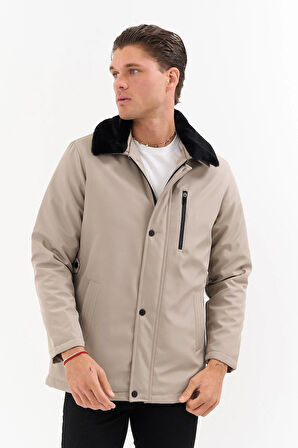 Erkek Krem Yakası Çıkartılabilir Kürklü Su İtici İçi Kürklü Kaban – Rüzgar Geçirmez, Hafif ve Dayanıklı