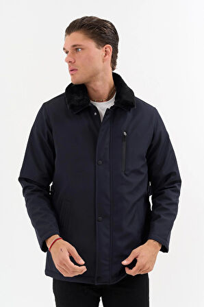 Erkek Lacivert Yakası Çıkartılabilir Kürklü Su İtici İçi Kürklü Kaban – Rüzgar Geçirmez, Hafif ve Dayanıklı