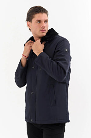 Erkek Lacivert Yakası Çıkartılabilir Kürklü Su İtici İçi Kürklü Kaban – Rüzgar Geçirmez, Hafif ve Dayanıklı