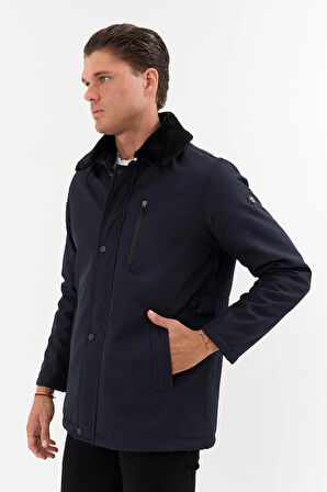 Erkek Lacivert Yakası Çıkartılabilir Kürklü Su İtici İçi Kürklü Kaban – Rüzgar Geçirmez, Hafif ve Dayanıklı